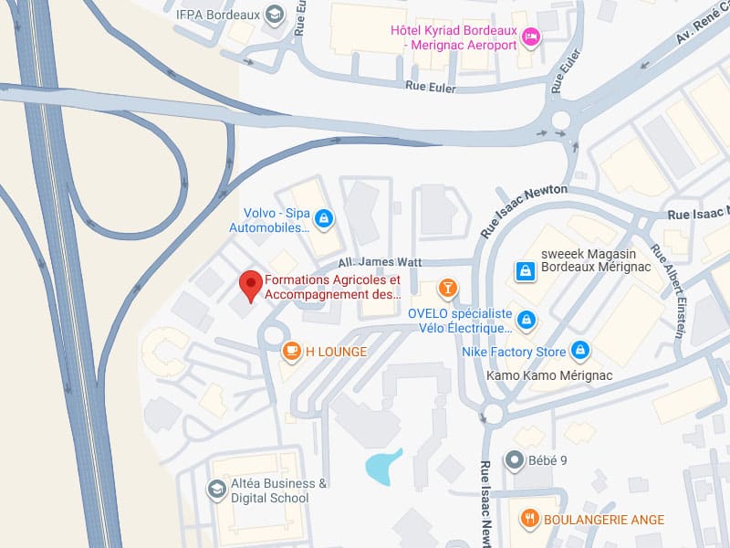 Formations Agricoles Mèrígnac : Carte et Proximité Aéroport Carte de Mèrígnac montrant les Formations Agricoles et Accompagnement, près de Volvo, H Lounge, et l'Aéroport.