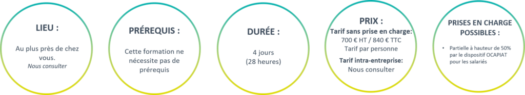 Formation : Lieux, Prérequis, Durée, Prix et Financement Lieu flexible, aucun prérequis, durée 4 jours, tarif 700€ HT, prise en charge OCAPIAT de 50% pour salariés.