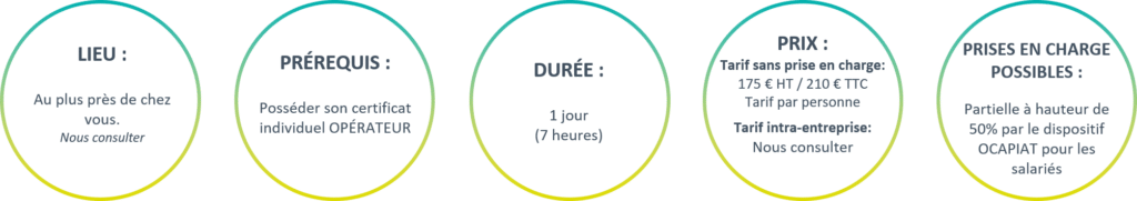 Formation Certificat OPÉRATEUR : Prix, Durée et Modalités Détails formation : lieu, prérequis certificat OPÉRATEUR, durée 1 jour, tarif 175€ HT et aide OCAPIAT 50%.