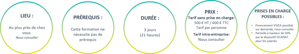 Formation : Prix, Durée et Prises en Charge Possibles Modalités de formation : lieu, sans prérequis, durée 3 jours, prix 500€ HT et financements VIVEA ou OCAPIAT possibles.